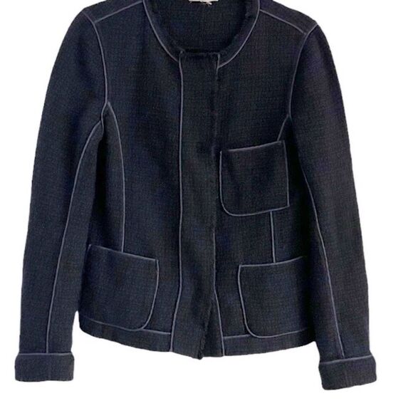 Vince Navy Frayed Hem Wool Blend Boucle Blazer - Picture 2 of 6